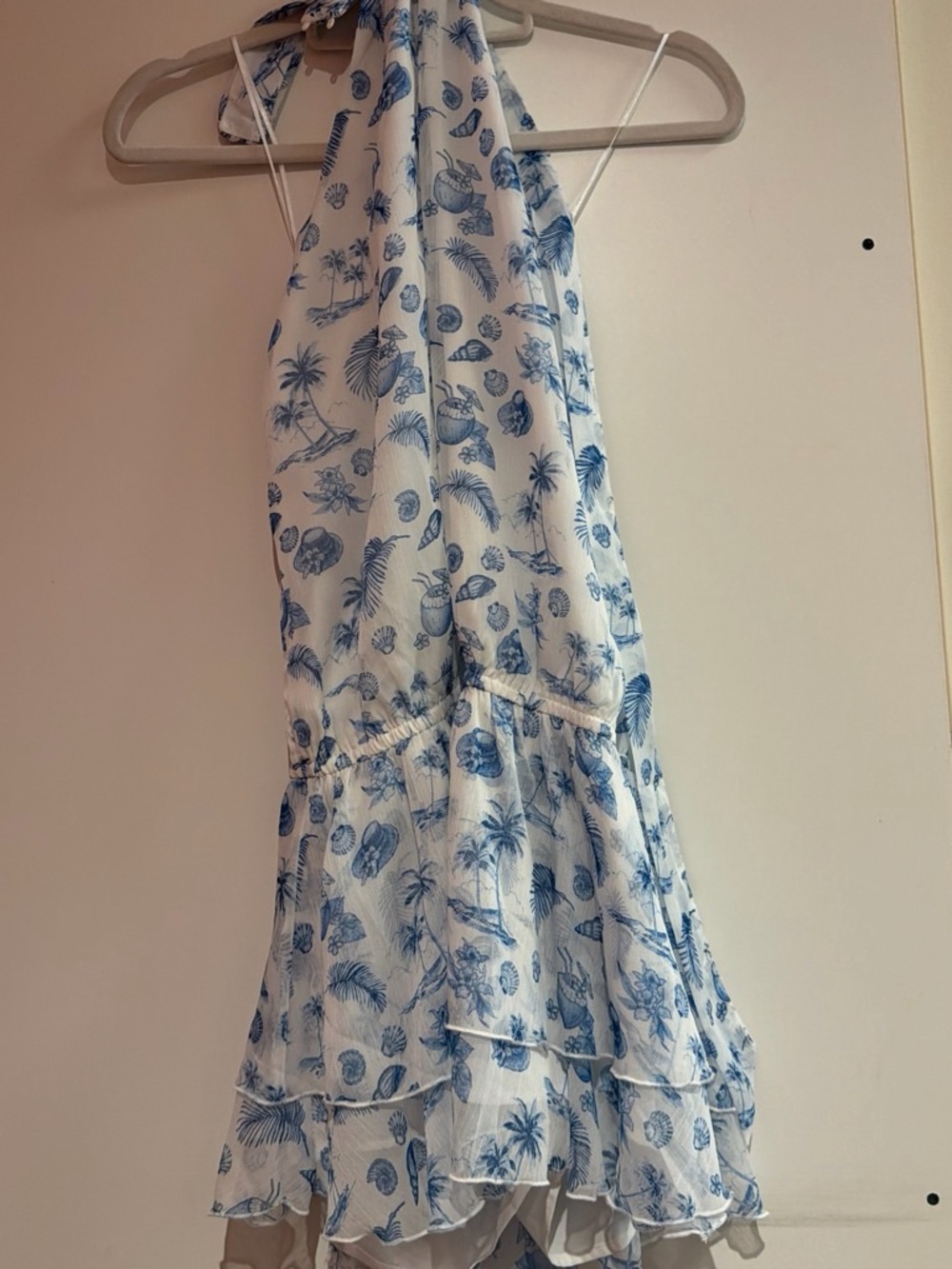 White Halter Dress with Blue Tropical Shell Print